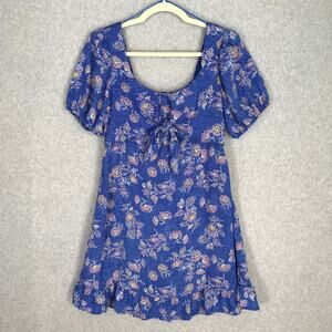Sienna Sky Womens Dress Medium Blue Floral Ruffle Tie Rodeo Twee Coastal Cottage